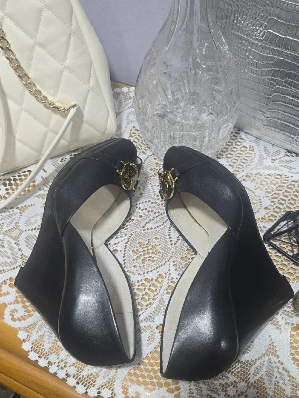 Michael Kors Black Peep-Toe Wedge with Gold MK Emblem